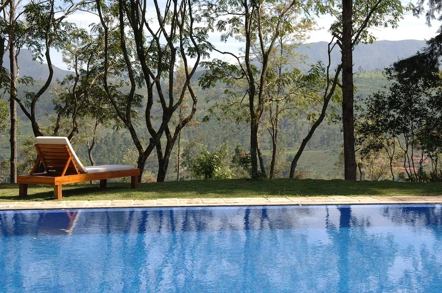 Piscine coque avec une eau bleu clair et une vue dégagée sur un paysage naturel arboré en arrière-plan, ambiance détente en Gironde