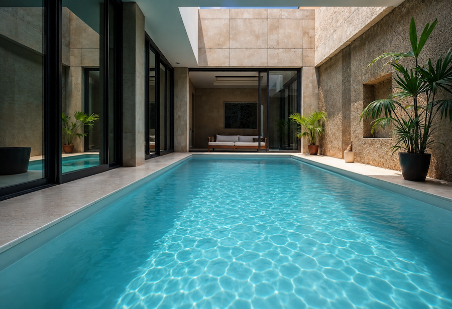 Piscine coque polyester enterrée à surface lisse et eau bleue dans un patio contemporain
